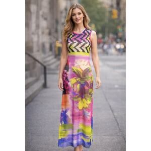 B44 Fuzzi Floral Mesh Maxi Dress Womens Small‎ Sleeveless Resortcore Euro Summer